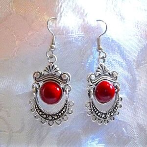 Red Flat Button and Pewter Metal Statement Dangle Drop Earrings